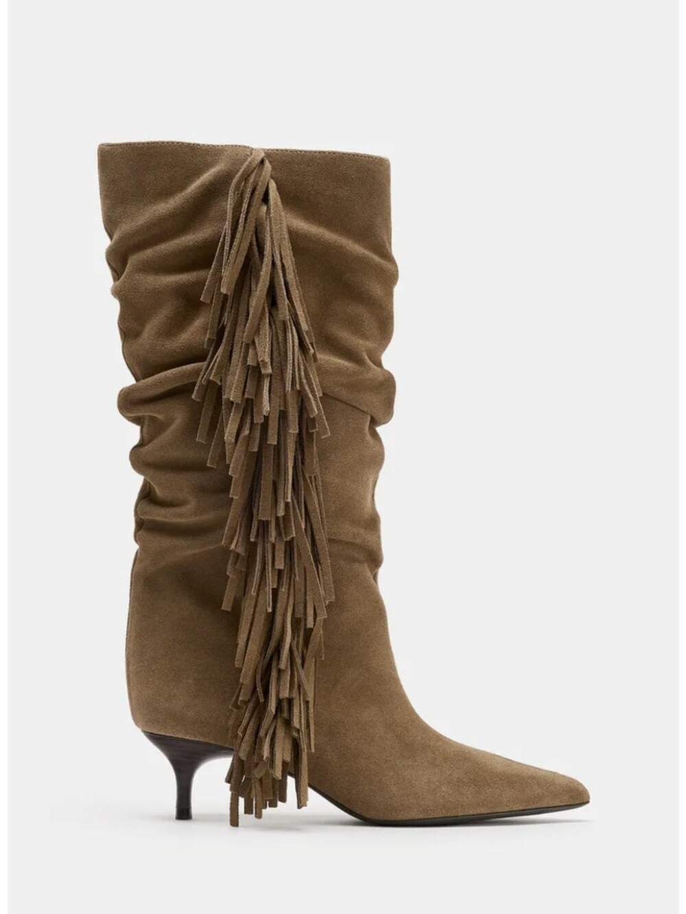 Zara Suede Fringe Ruched Pointy Toe Kitten Heel Boots Boho Brown Tan Size 38 - Picture 3 of 16